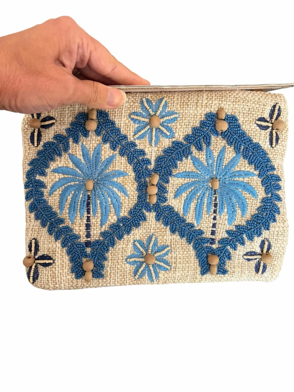 Handmade Blue Embroidered Palm Wristlet Cosmetic Bag